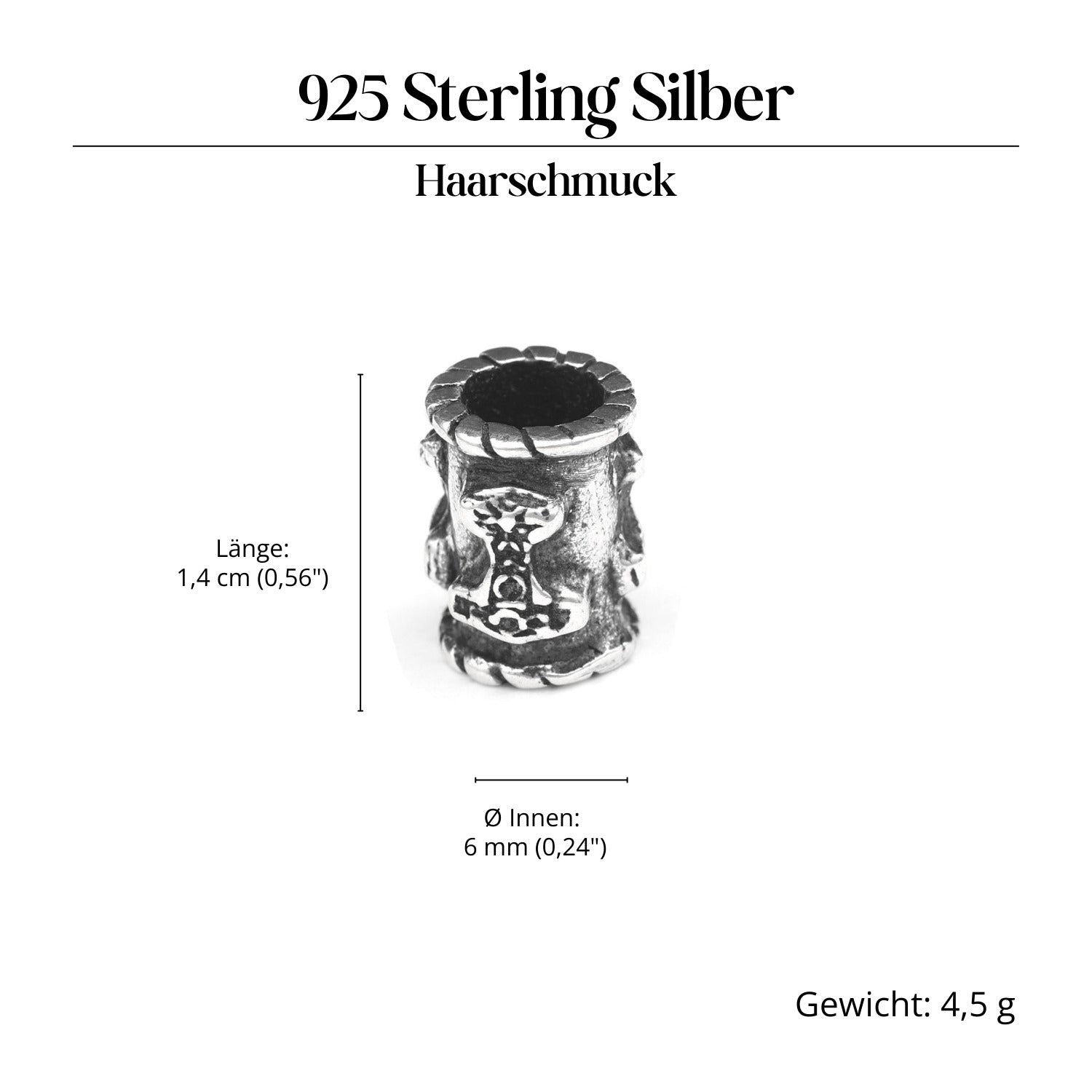 Thorshammer Bartschmuck 925 Silber Haarperle aus Sterlingsilber