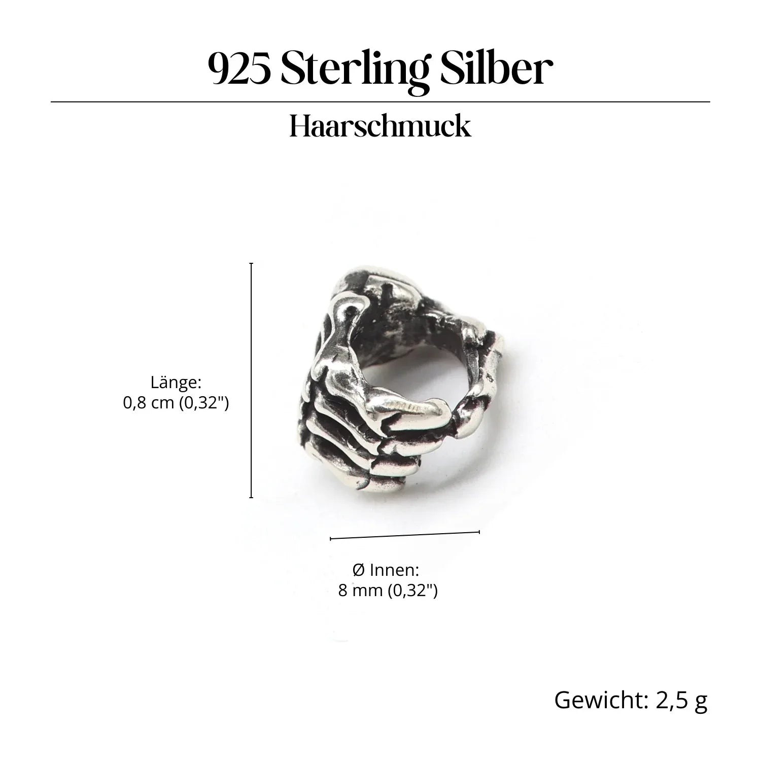 Skeletthand Bartschmuck 925 Silber Haarperle aus Sterlingsilber