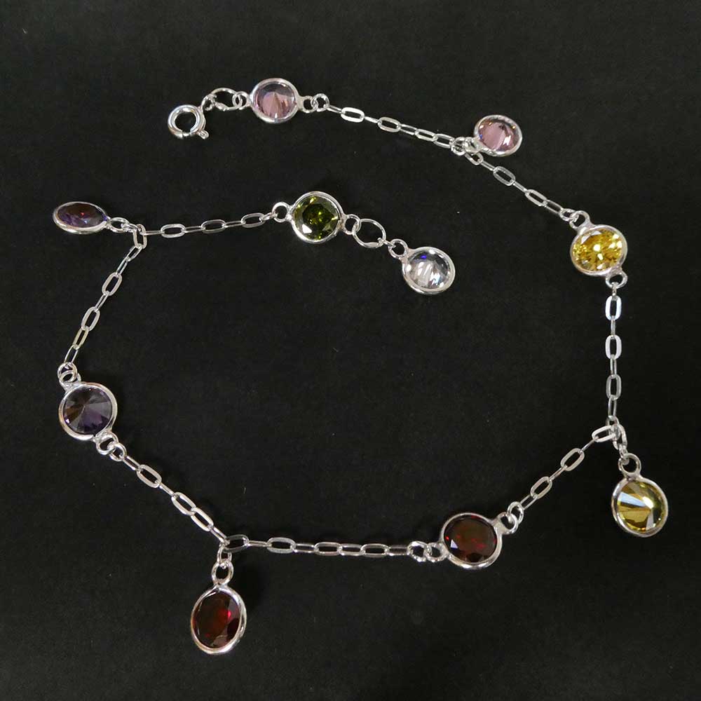 Fusskettchen-Zirkonia Steine Bunt 925 Silber Sommer Fußkette Schmuck