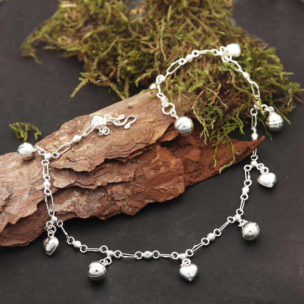 Fusskettchen 925 Silber Klangglöckchen und Herz