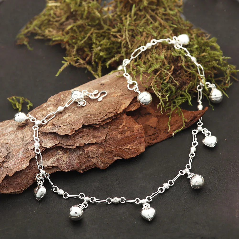 Fusskettchen 925 Silber Klangglöckchen und Herz