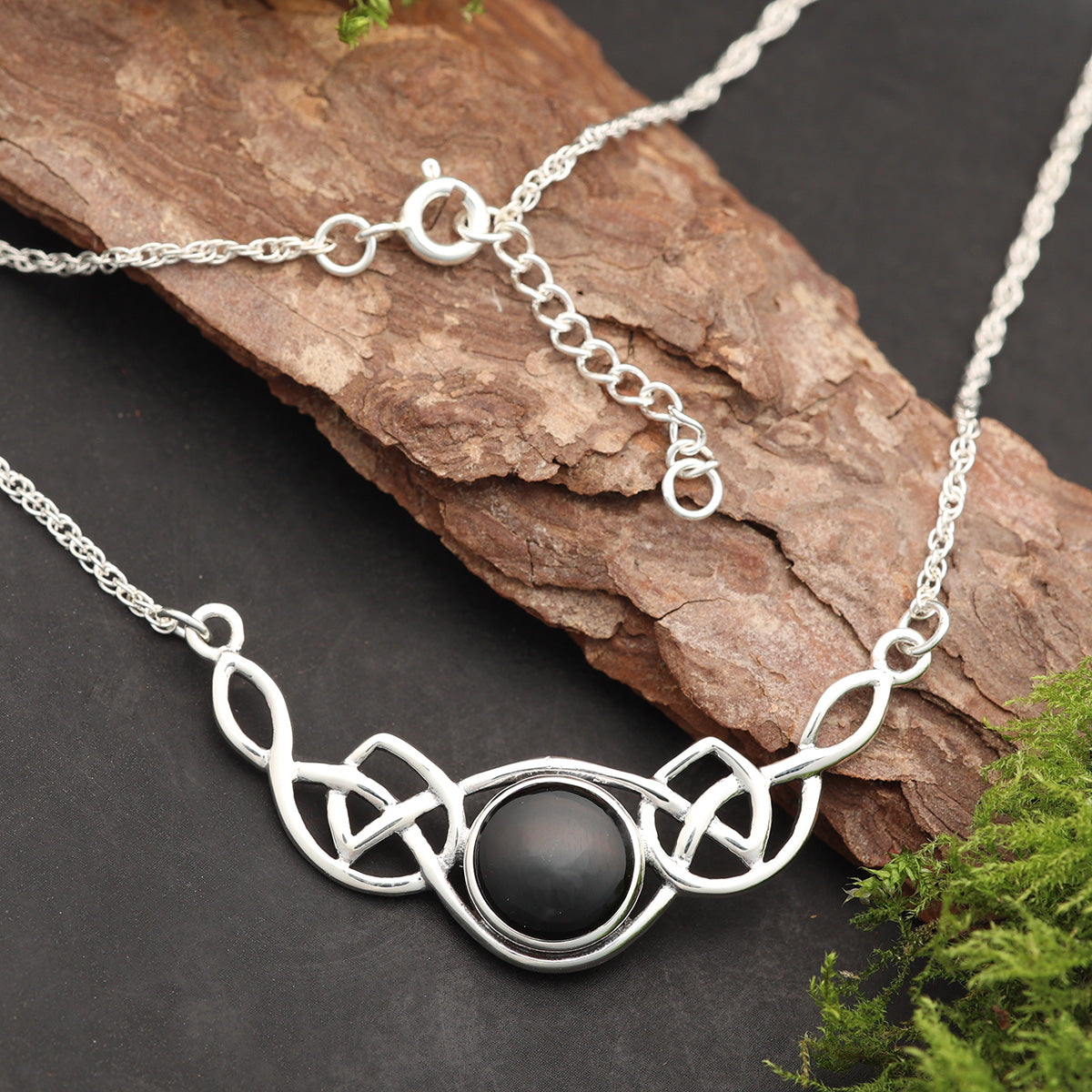 Keltische Onyx Halskette 925 Silber Damen Collier längenverstellbar edler Edelstein schwarz