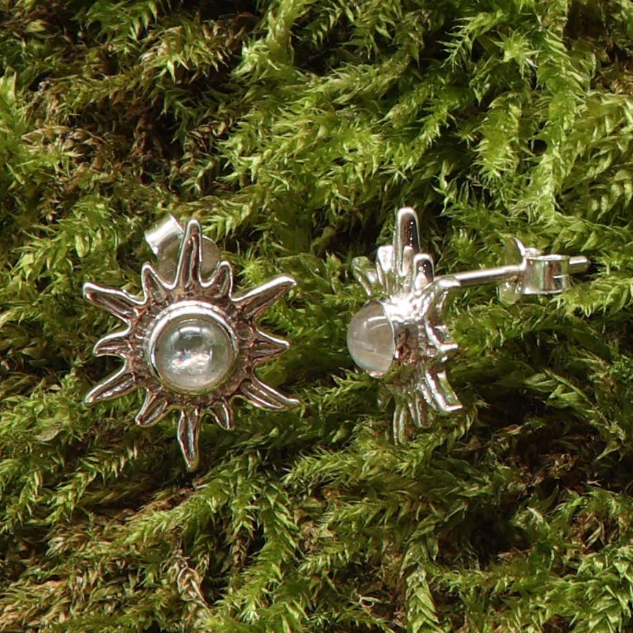 Sonnen Ohrstecker mit Mondstein gefasst edler Damen Ohrschmuck