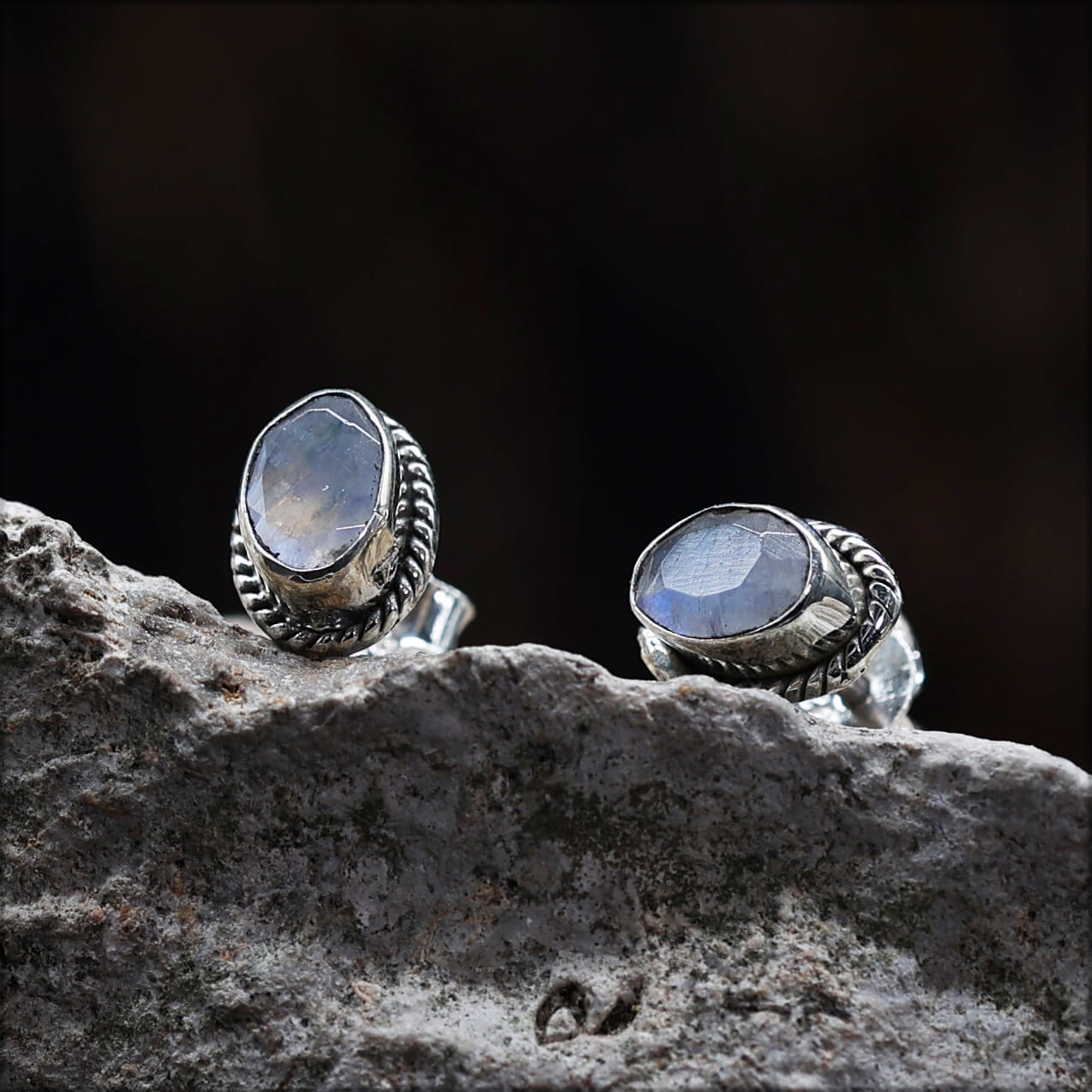 Damen Ohrstecker Edelstein Mondstein oval 925er Silber (Paar)