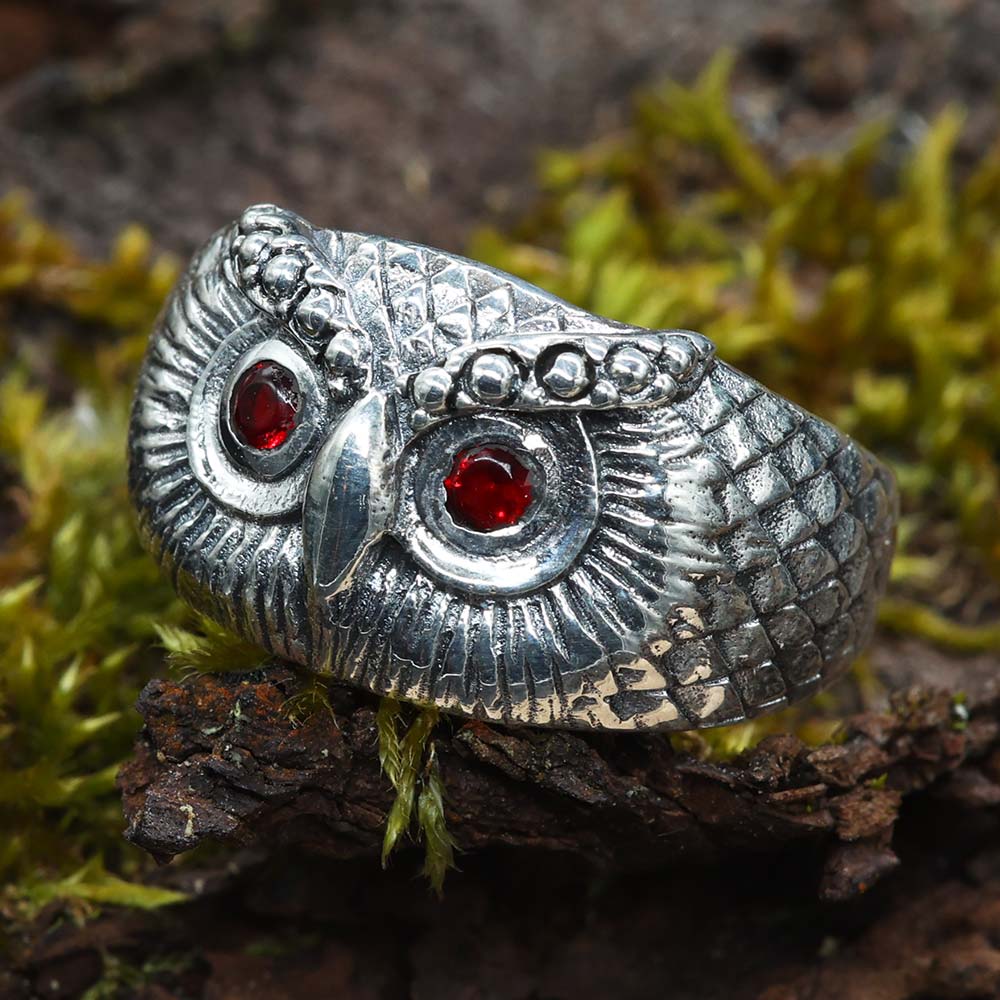Eulen Ring Silber Granat teine rote Augen