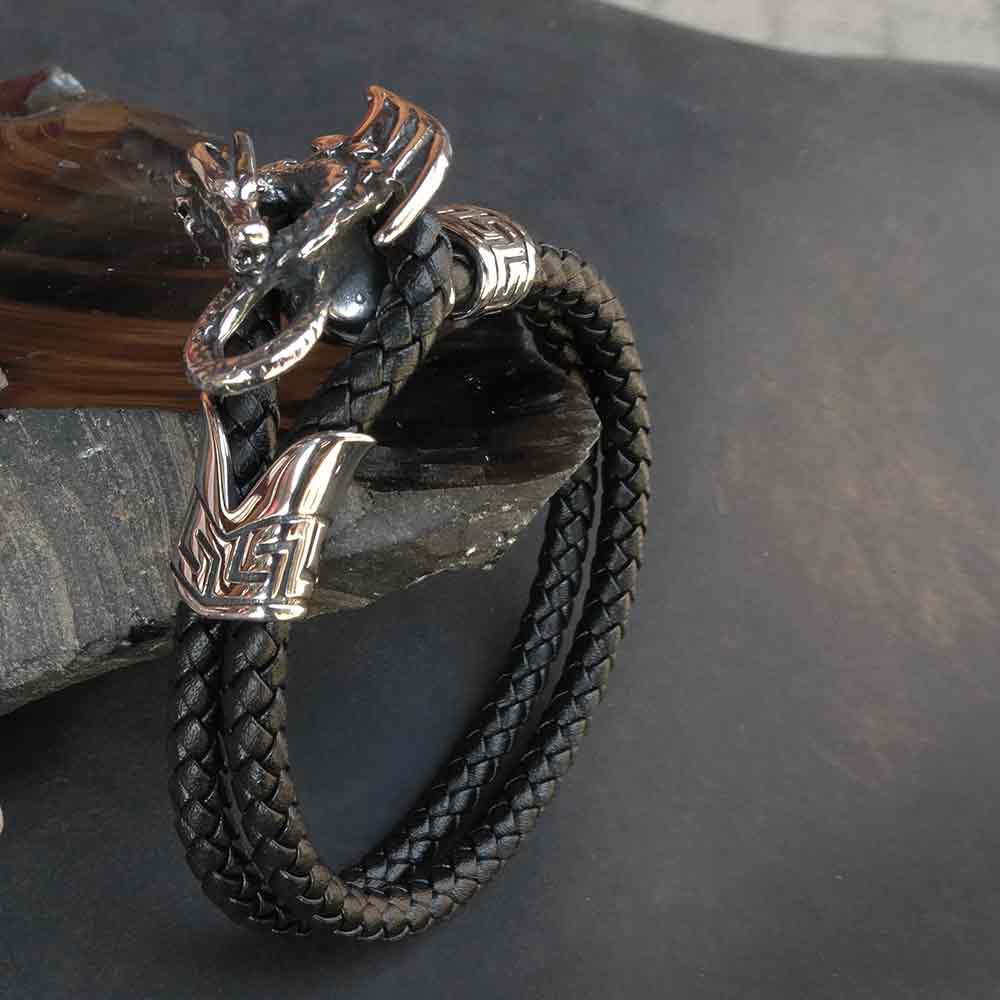 Drache Edelstahl Leder Armschmuck Damen Herren Gothic Biker