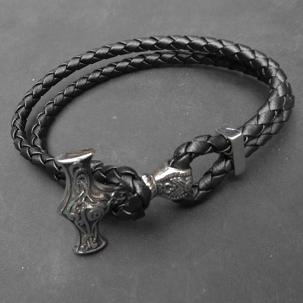 Thorshammer edelstahl Armband Leder 8mm Stärke Coller Wikinger Armschmuck
