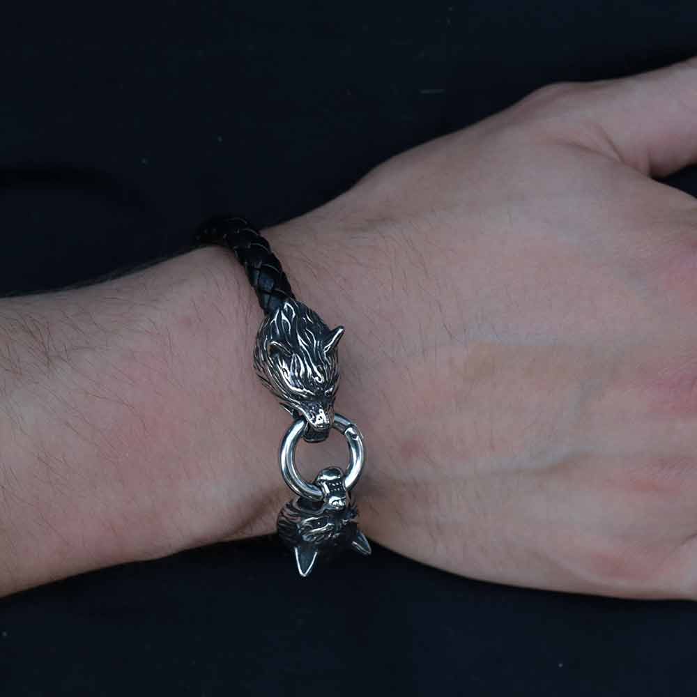 Wölfe Wikinger Leder Edelstahl Armschmuck Herren