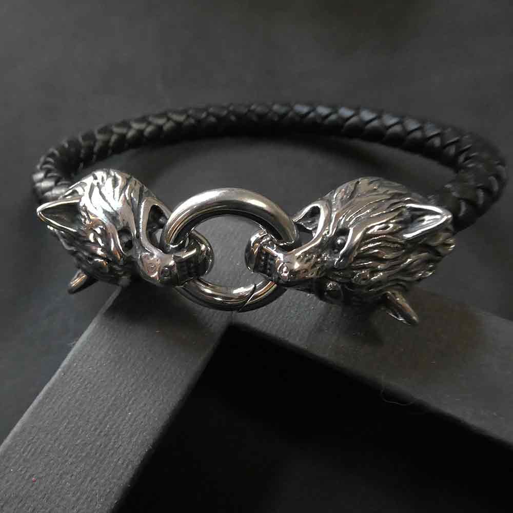 Wolf Edelstahl leder Armband Wikinger Herren Armschmuck