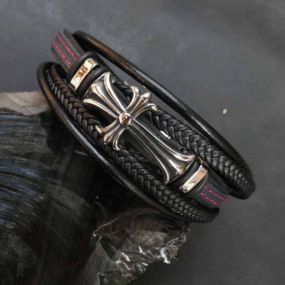 Lederarmband Kreuz Edelstahl Armschmuck Männer 