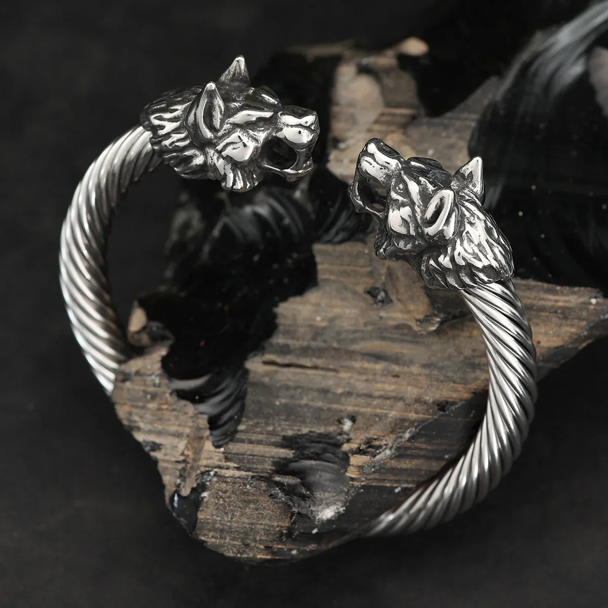 Buy solid stainless steel wolf bangle, twisted, online