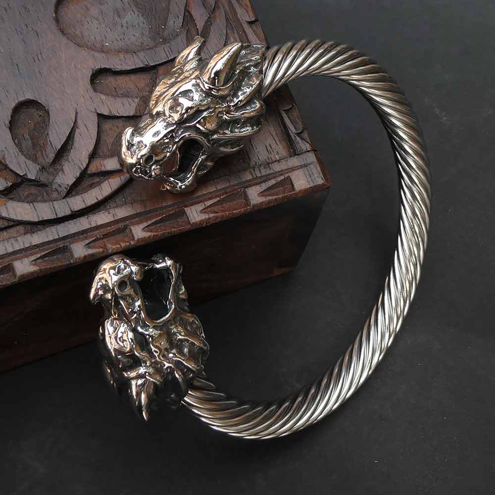 Massiver Edelstahl Drachenkopf Armreif Wikinger Drache Gothic Armschmuck