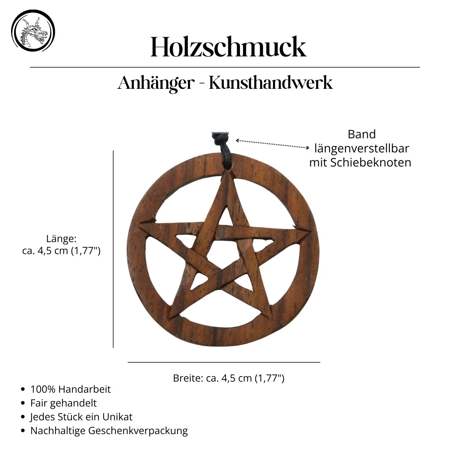 Pentagramm Halskette Holz fair gehandelt Schmuck Anhänger Kette Handarbeit