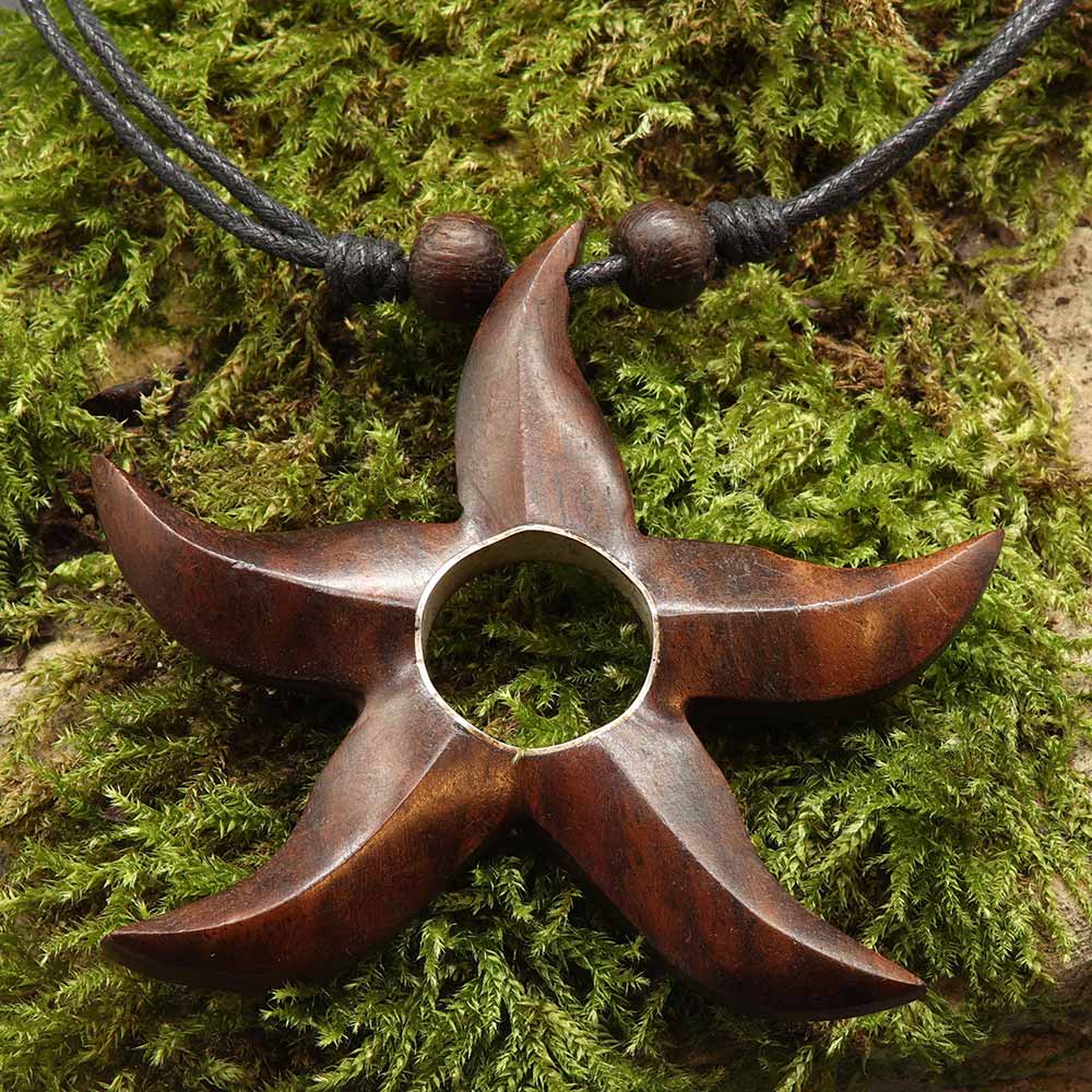 Stern Halskette Holz Anhänger Kunst Handwerk Holzschmuck