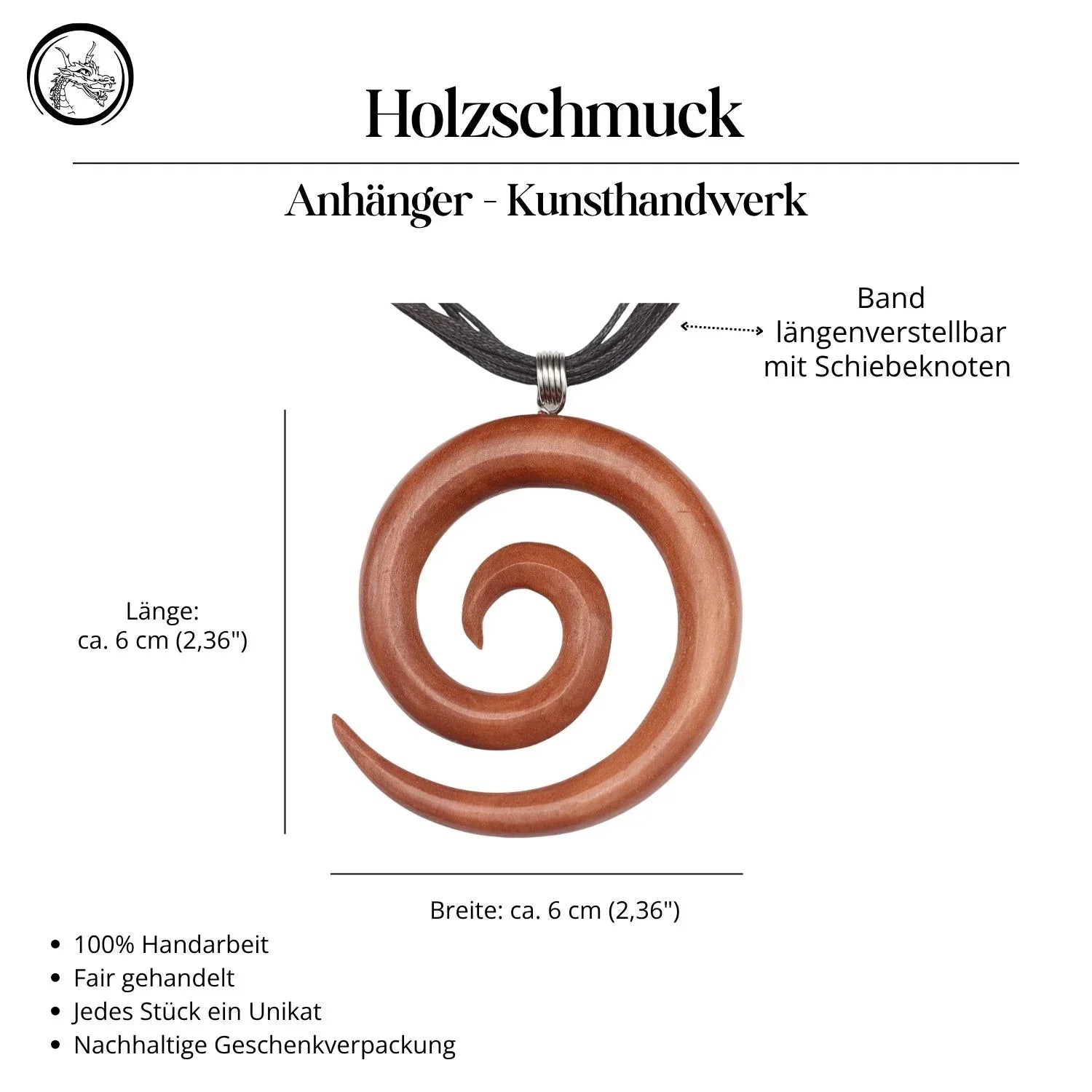 Spirale Anhänger Kette Holz geschnitzt Handarbeit Schmuck Halskette