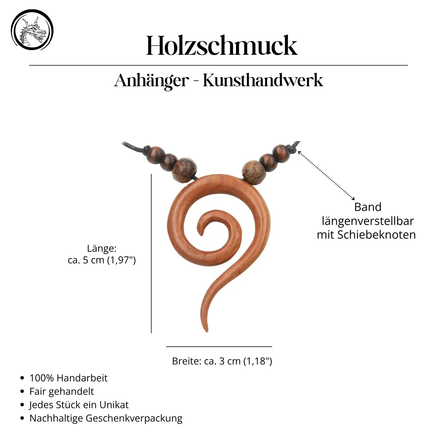 Spirale Anhänger Kette rotes Holz geschnitzt Handarbeit Schmuck Halskette