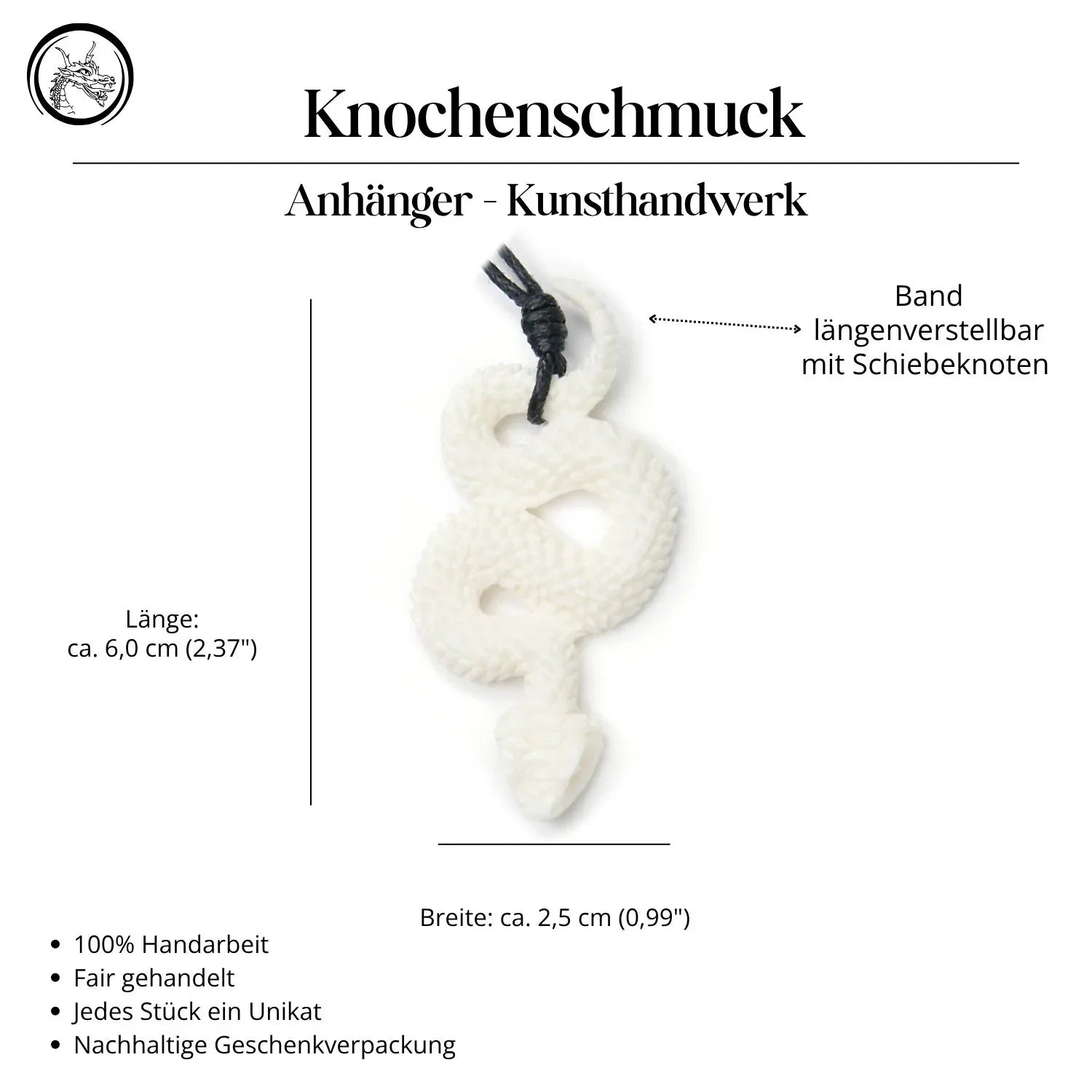 Schlange Knochen Anhänger Halskette Handarbeit Kette Kunsthandwerk