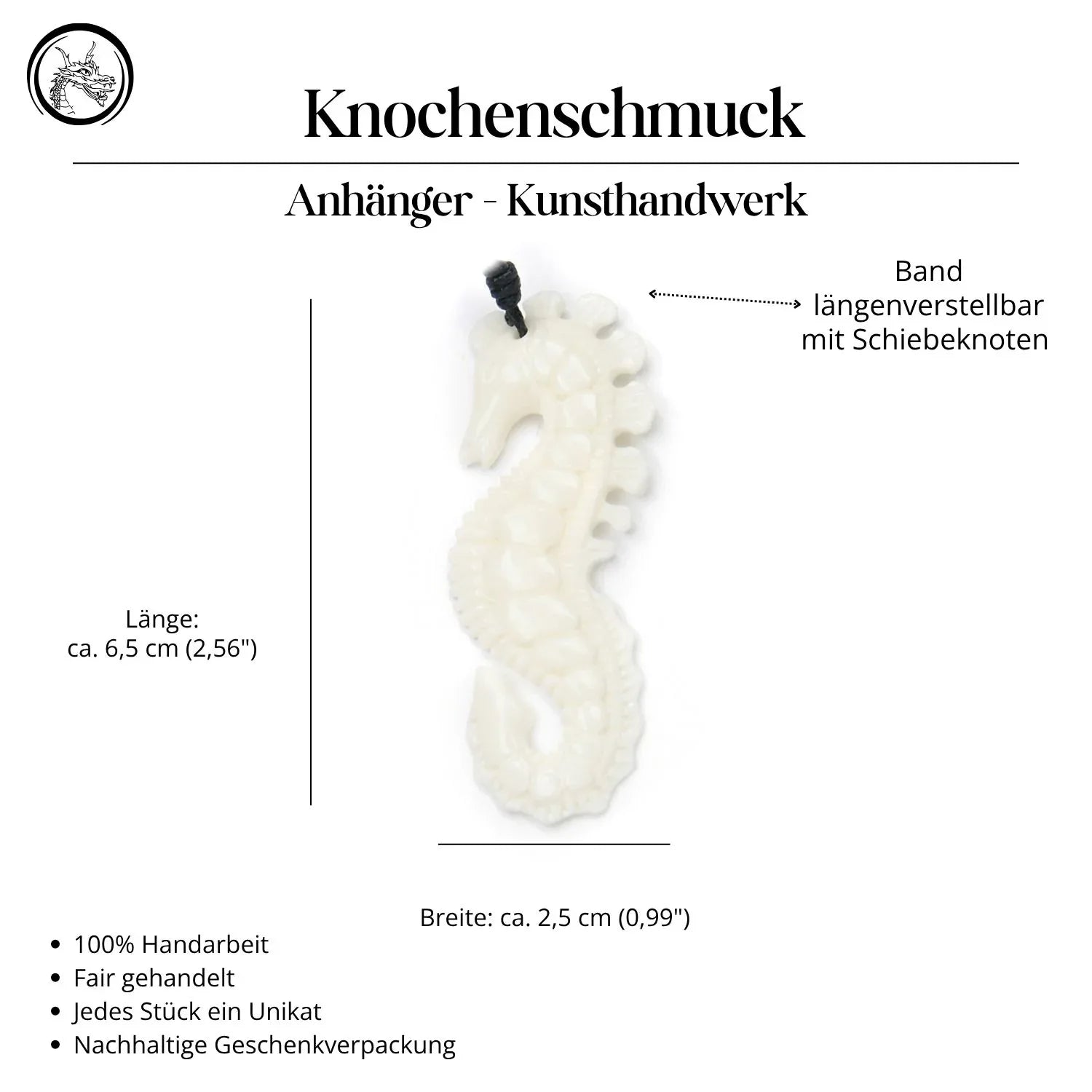 Seepferdchen Knochen Anhänger Halskette Handarbeit Kette Kunsthandwerk