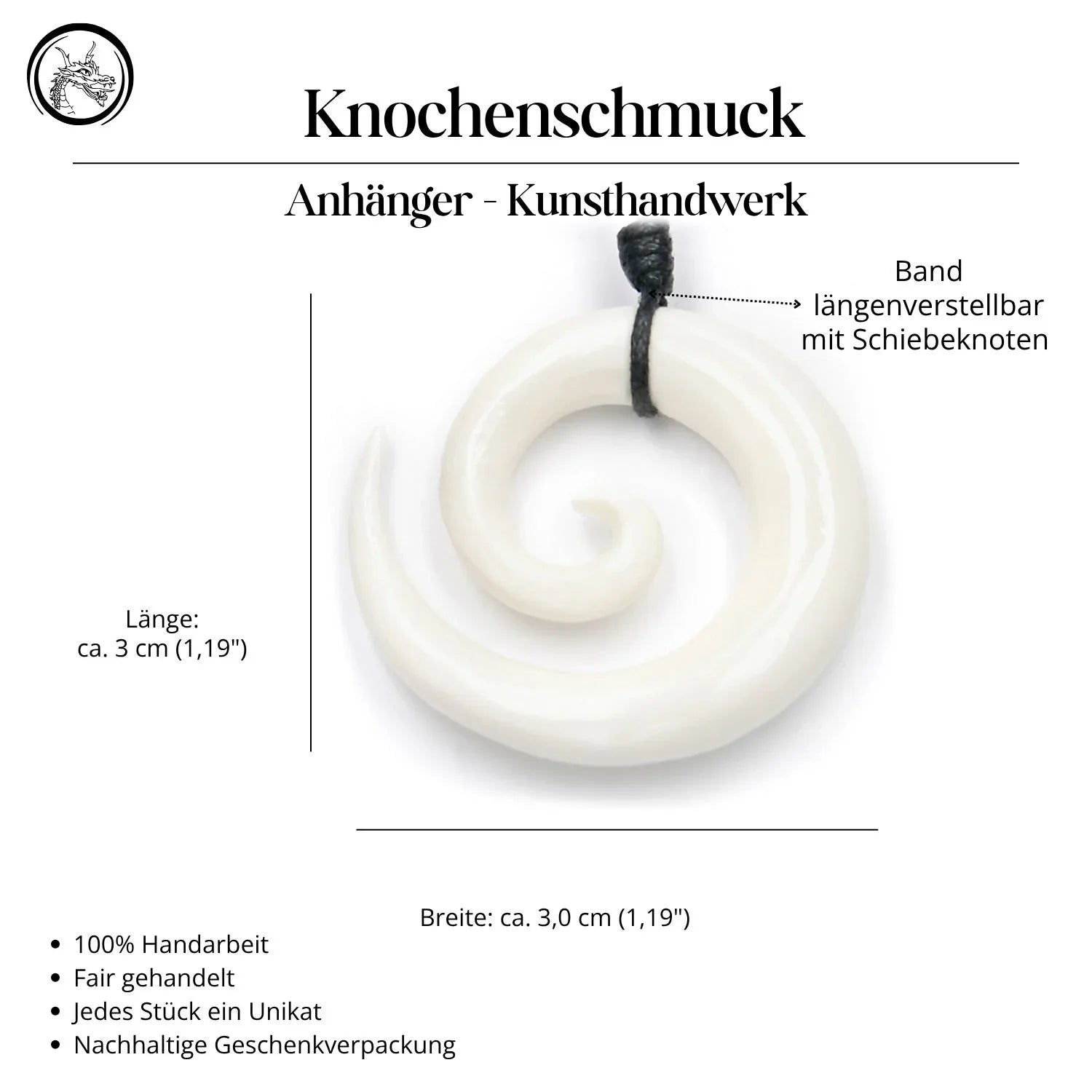 Spirale Knochen Anhänger Halskette Handarbeit Kette Kunsthandwerk