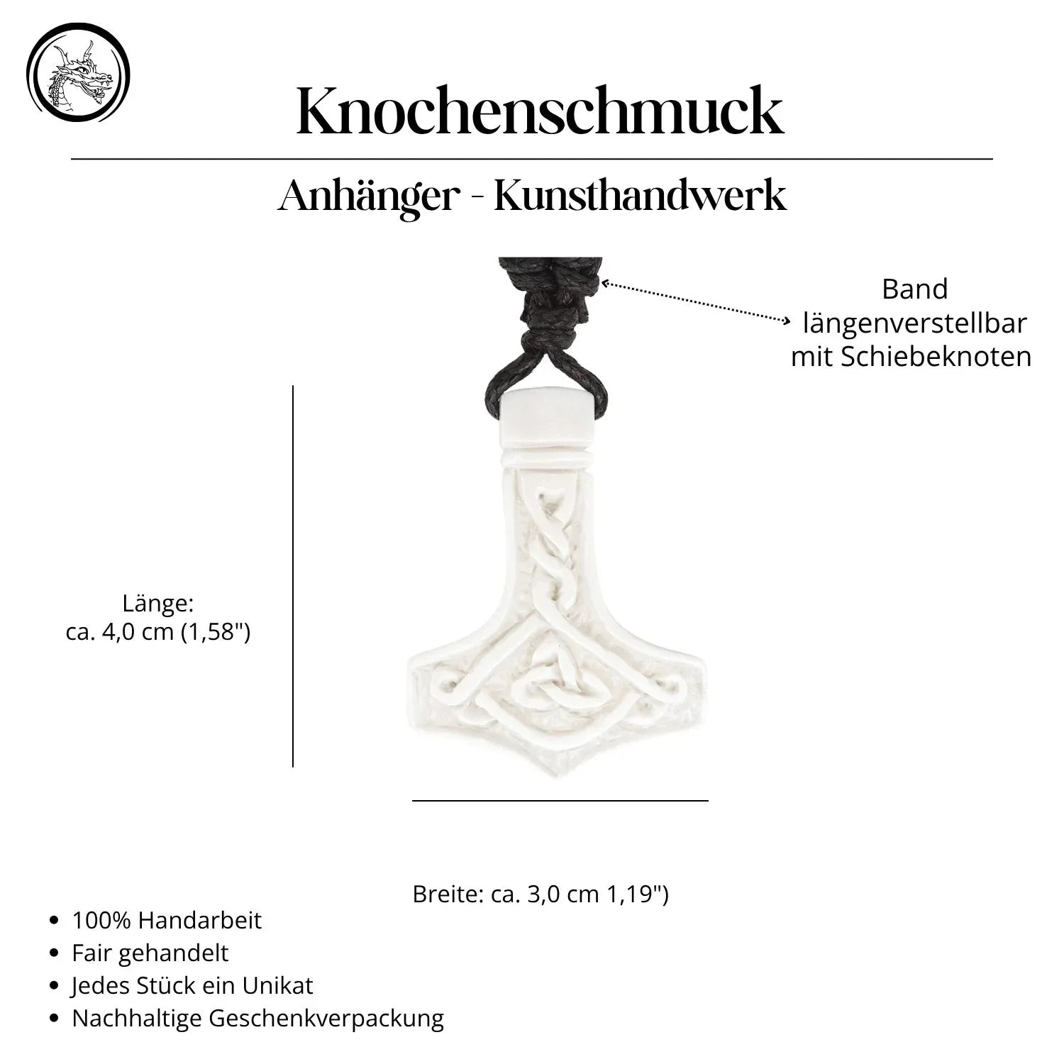Knochen Thorhammer  Halskette Anhänger Handarbeit geschnitzt