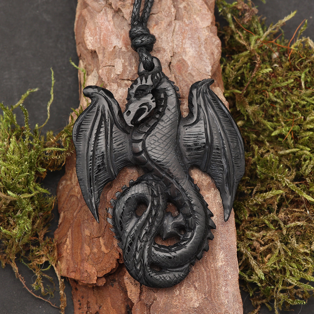 Drache Anhänger Hornschmuck Halskette schwarz