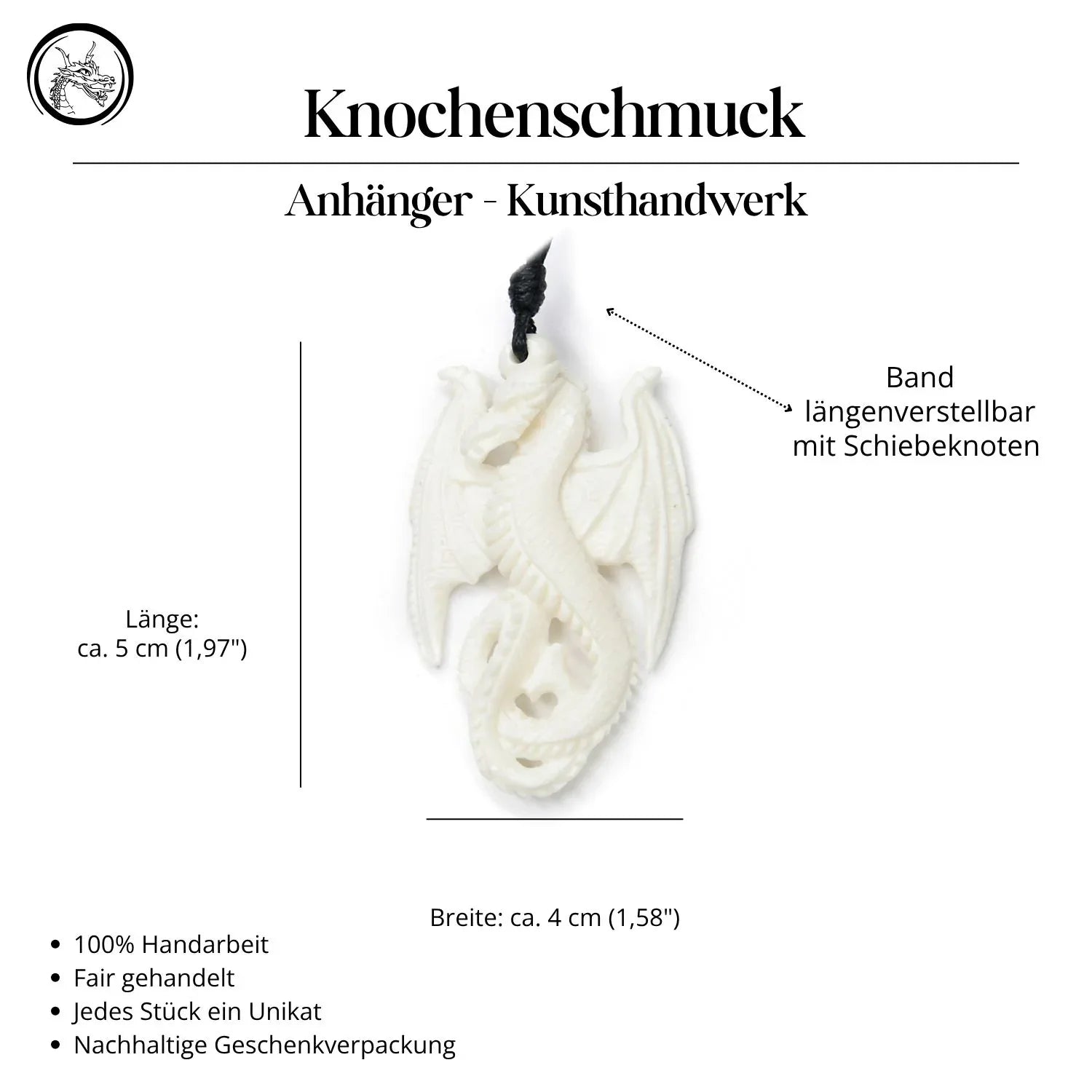 Drache Knochen Halskette Anhänger Handarbeit geschnitzt