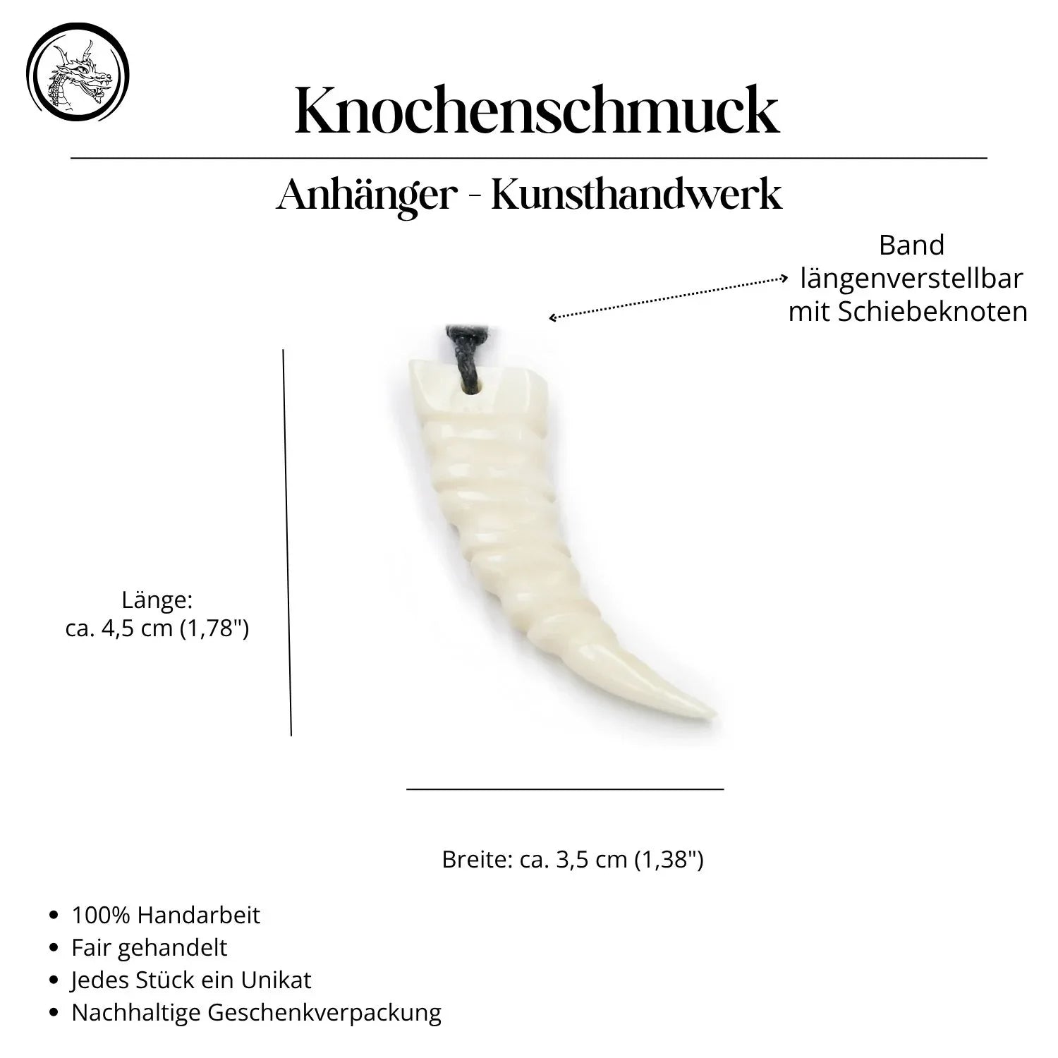 Zahn Knochen Halskette Anhänger Handarbeit geschnitzt