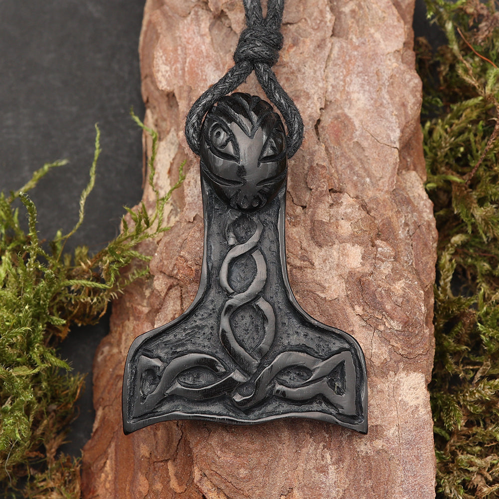 Wikinger Kette Schmuck schwarzes Horn Handarbeit Mjölnir