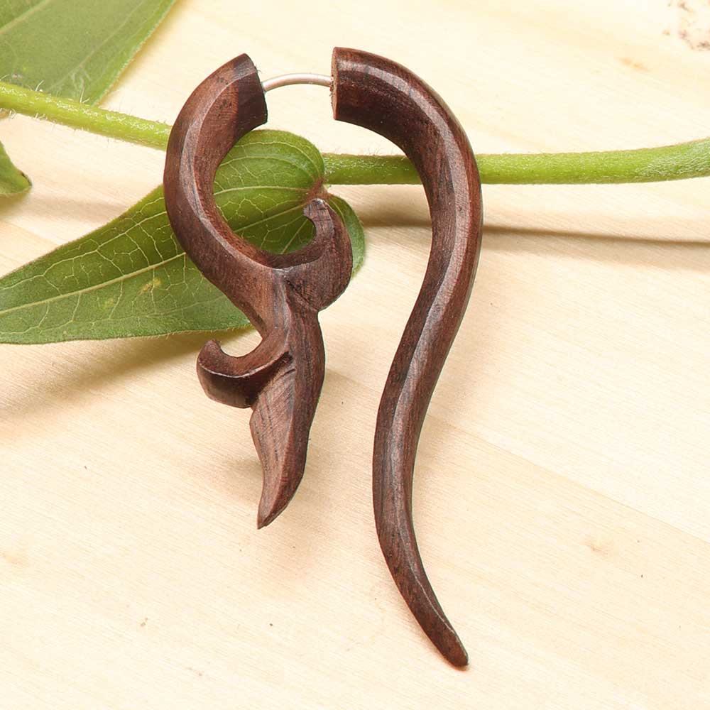 Maori Holz Ohrring Fake Piercing Handarbeit Silber Stecksystem Holzschmuck