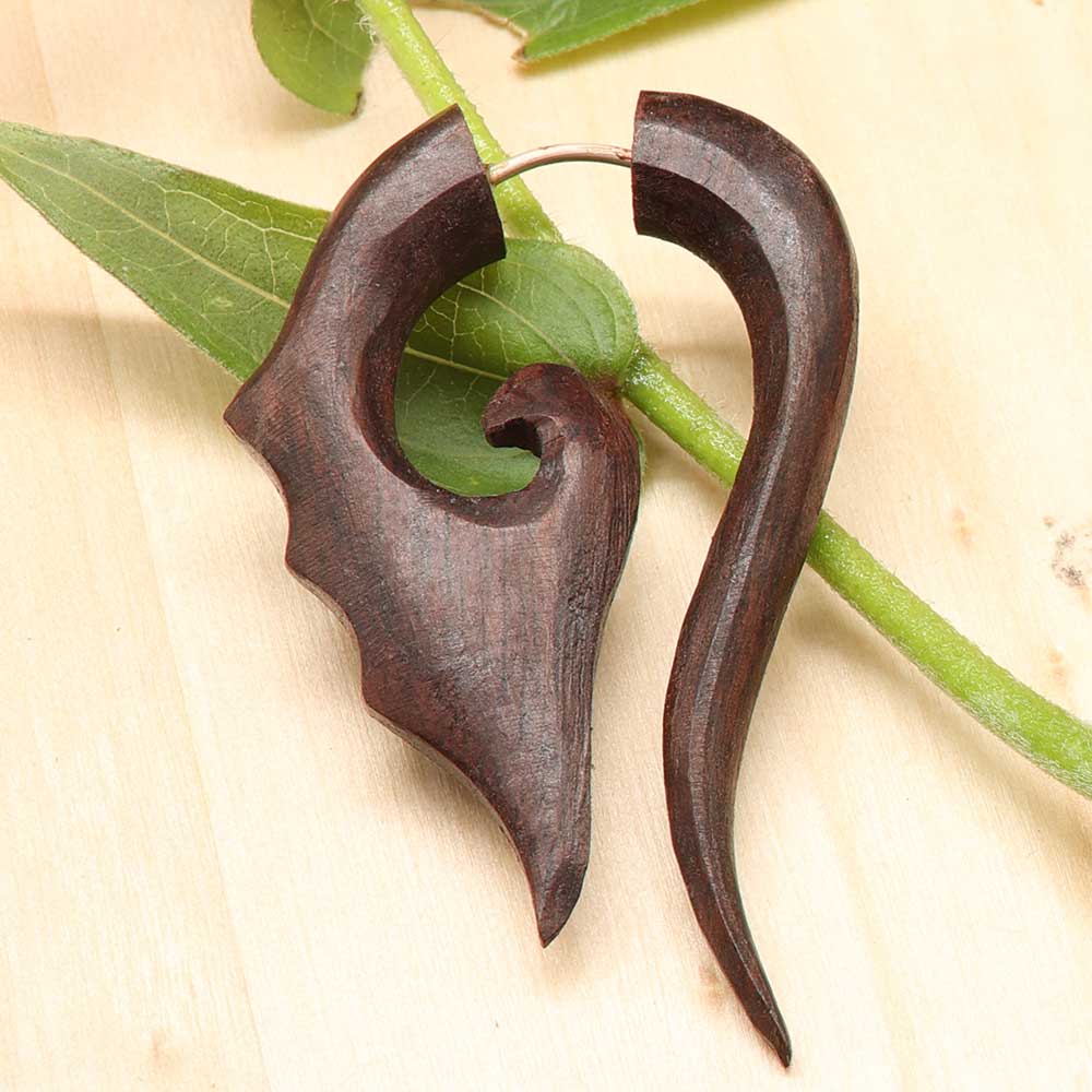 Maori Holz Ohrring Fake Piercing Handarbeit Silber Stecksystem Holzschmuck