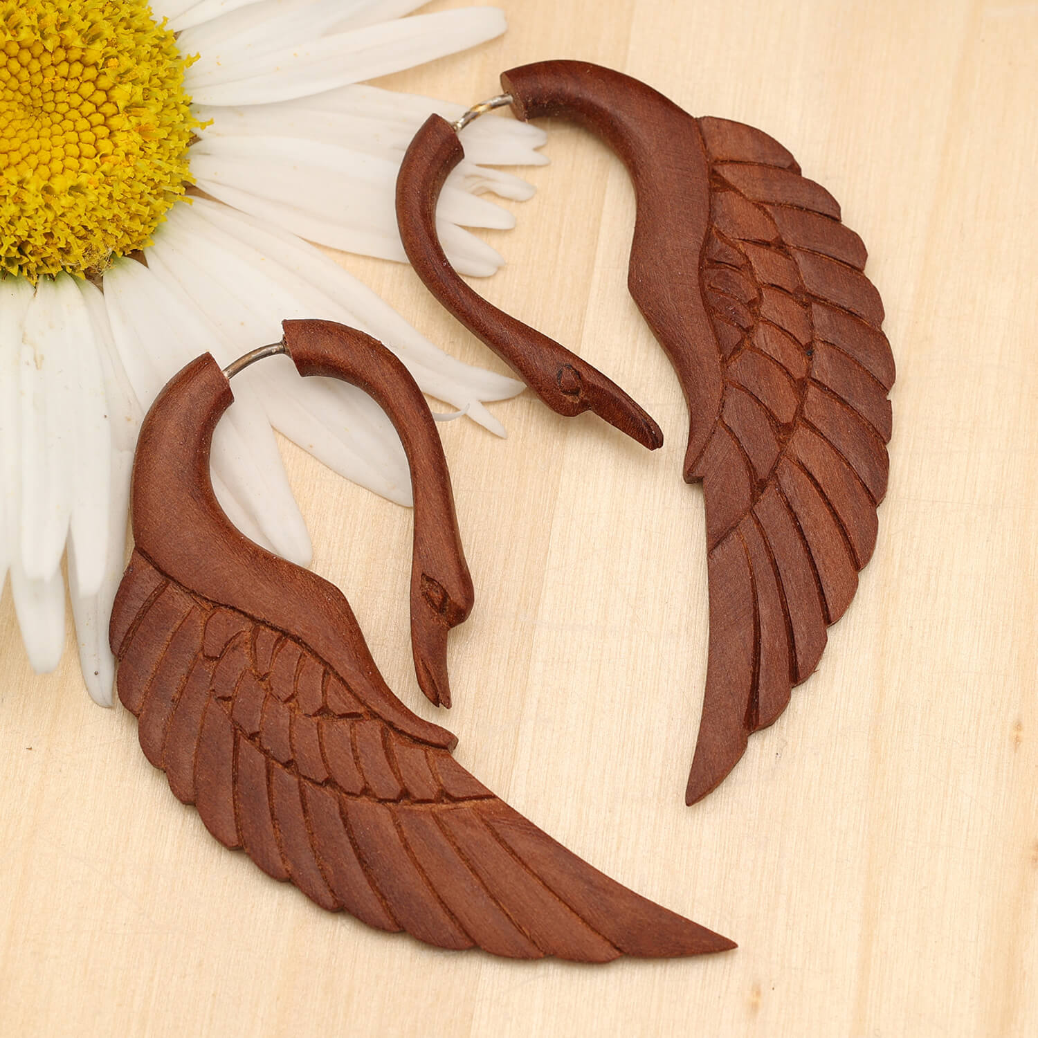 Swan wood earrings, fake piercing, red wood