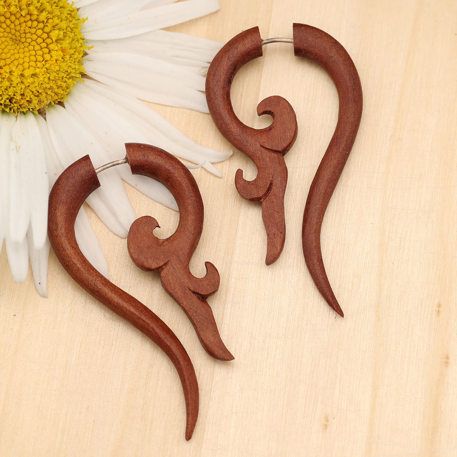 Matau wooden earring, fake piercing, red wood