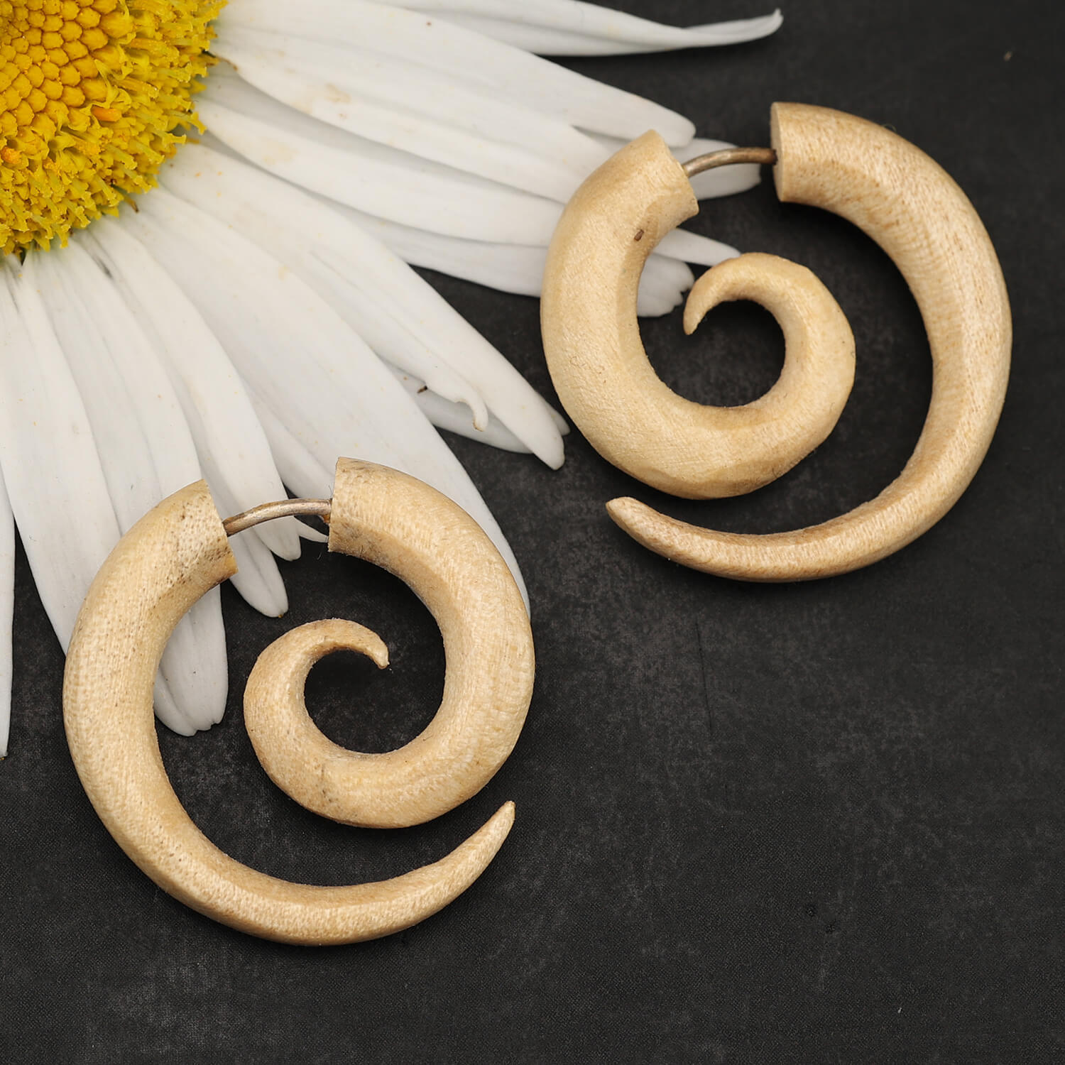 Spiral wooden earrings, fake piercing, white wood