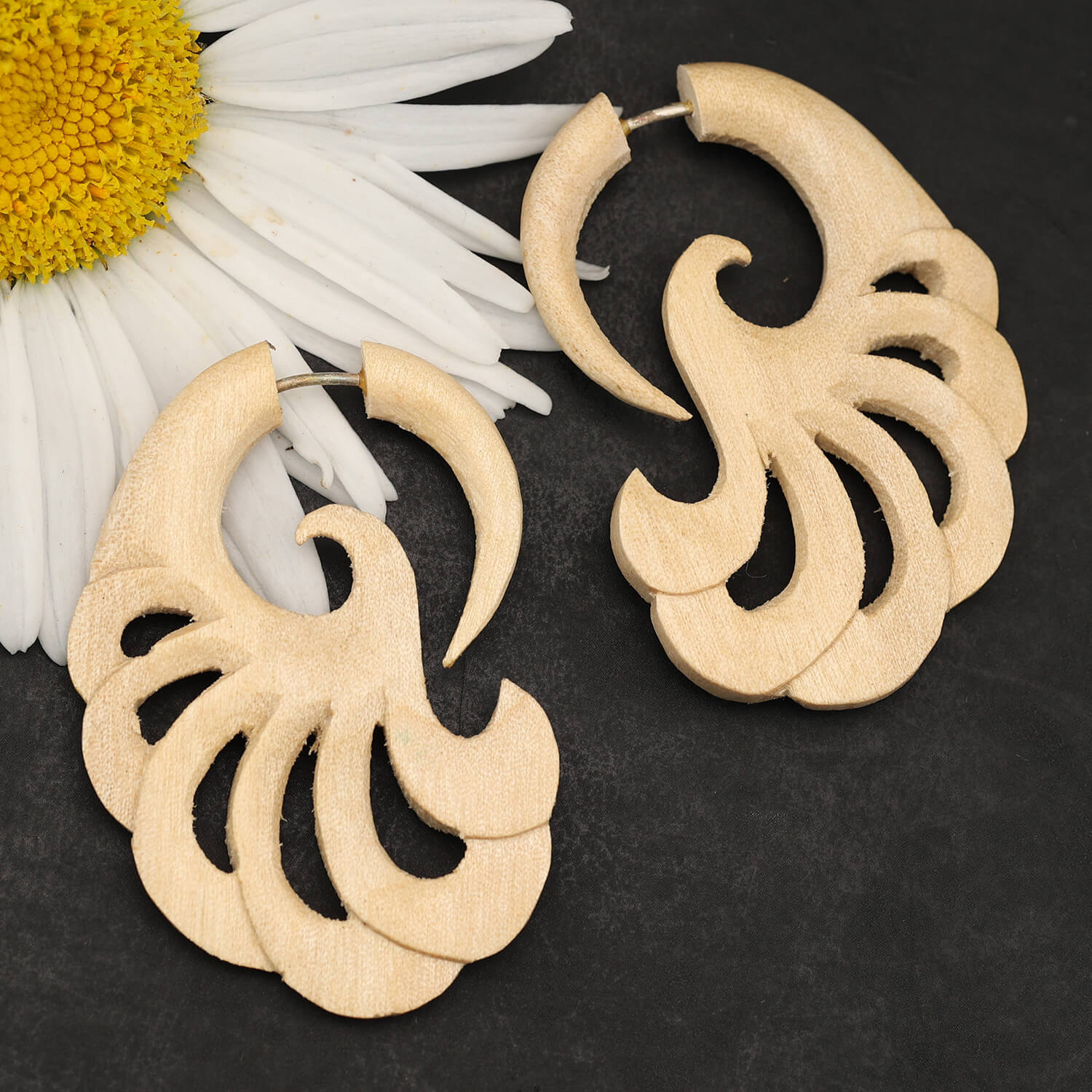 Wooden fan jewelry, earrings, fake piercing, white wood