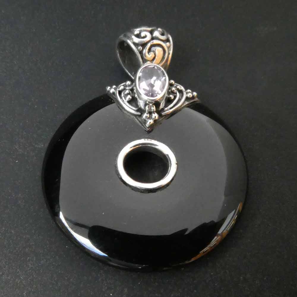 Schwarzer Onyx Donut edel verziert Silber mit Amethyst
