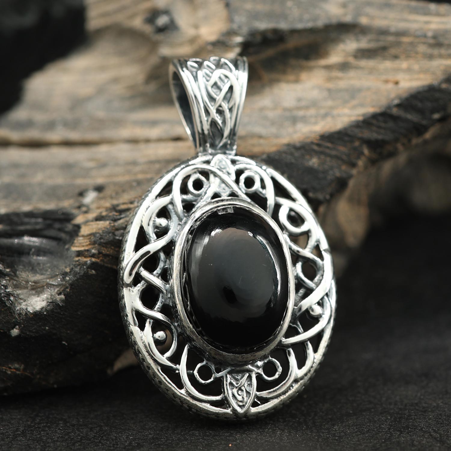 Keltischer Schwarzer Onyx Anhänger 925 Silber Edelstein