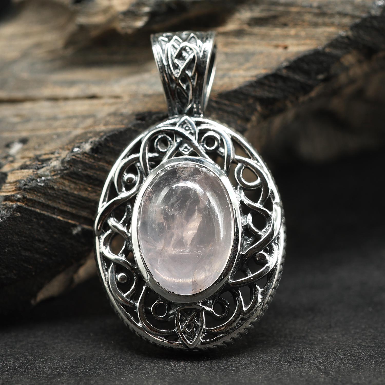 Keltischer Rosenquarz Anhänger 925 Silber Edelstein