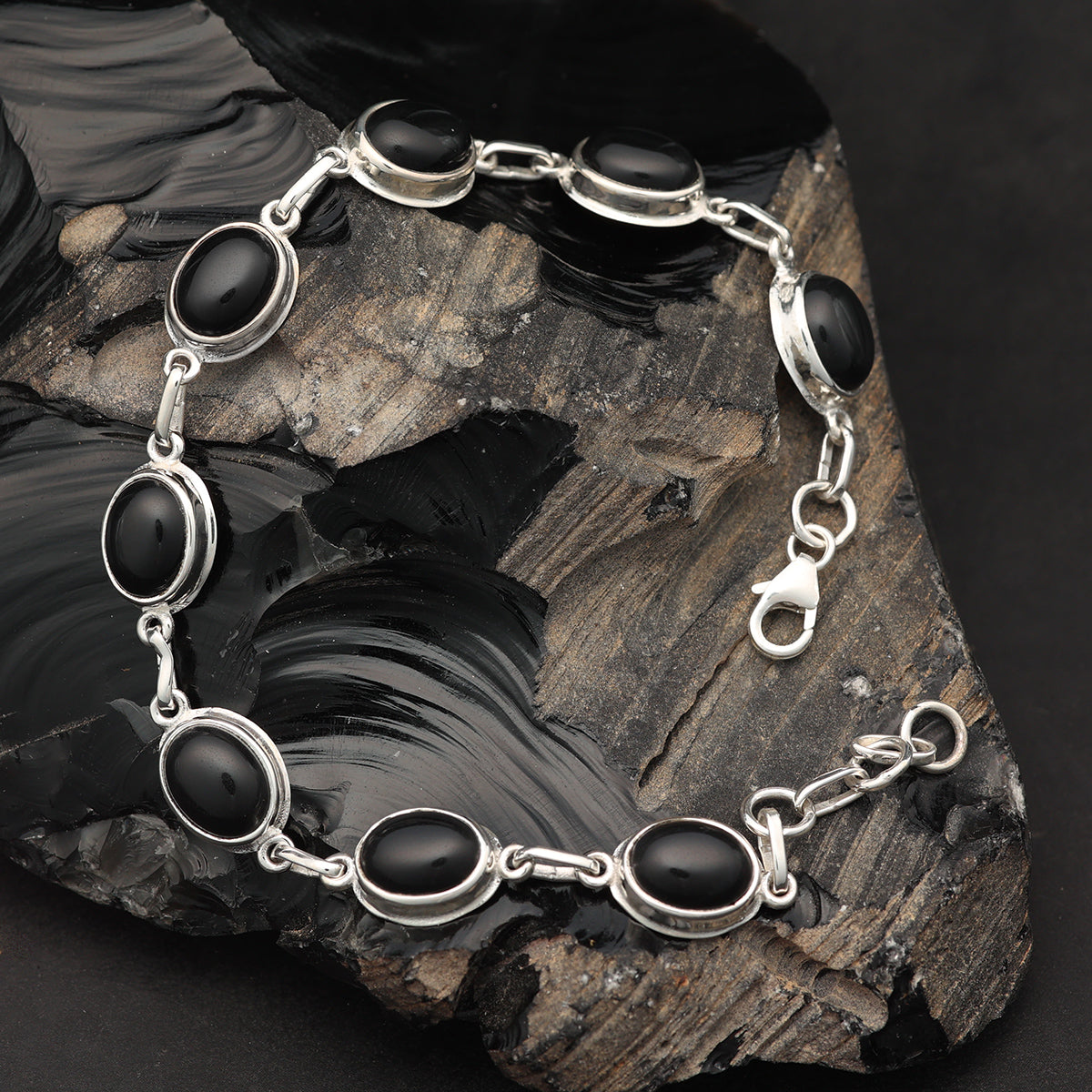 Edles Onyx Armband schlicht 925 Silber schwarze Steine Edelstein Armschmuck