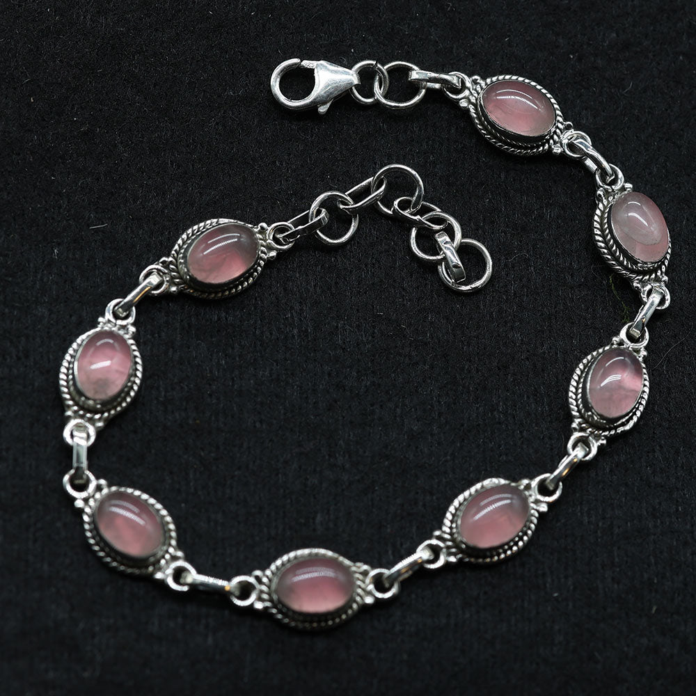 Edles Damen Armband mit Rosenquarz Steinen Silber (925) Carbochonschliff