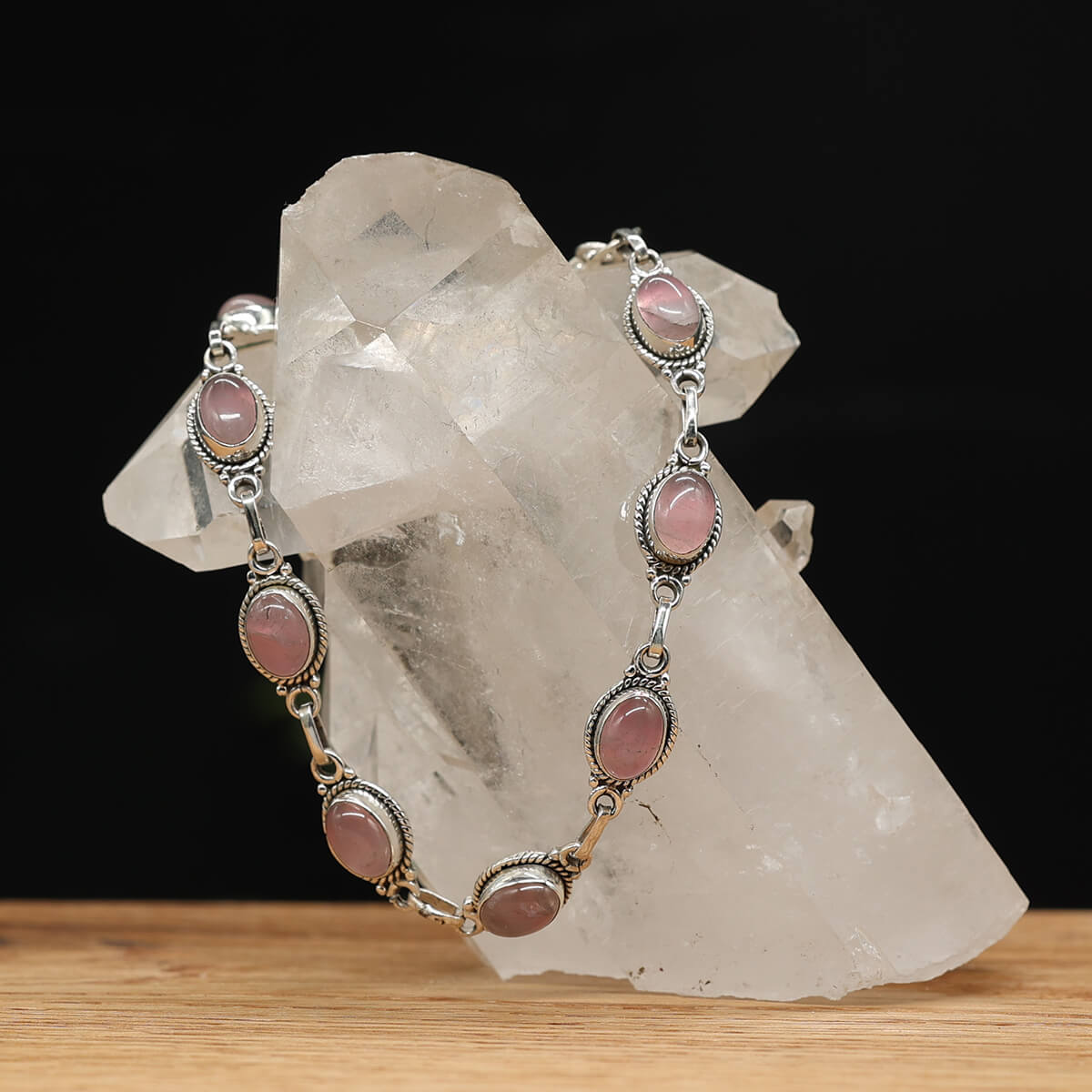 Rose quartz gemstone bracelet, 925 sterling silver, delicately set, elegant arm jewelry