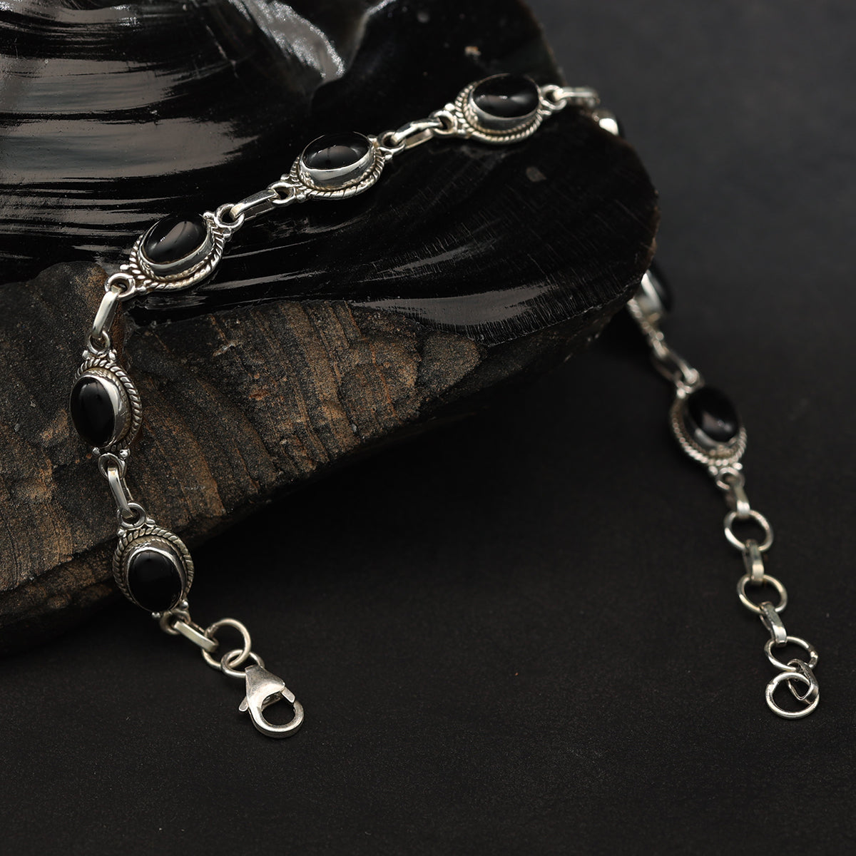 Schwarzer Onyx Edelstein Armband 925 Silber zart gefasst edler Armschmuck