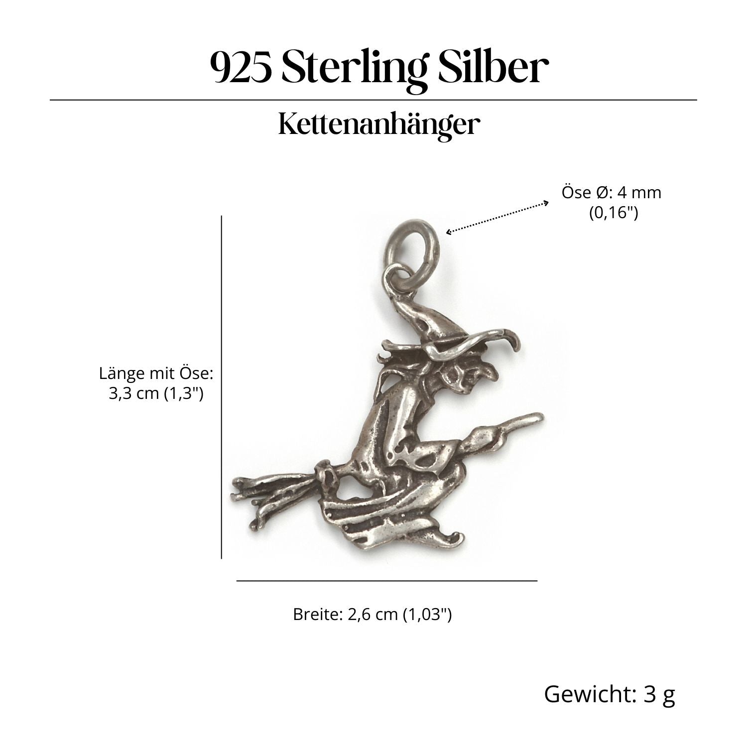 Witch on a broomstick pendant necklace, 925 silver