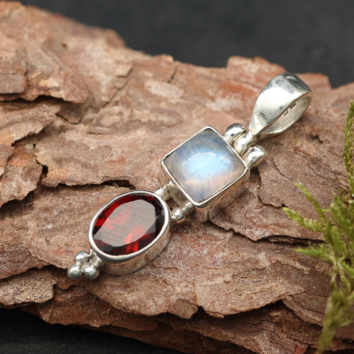 Granat mit Mondstein Steinschmuck  925 Silber