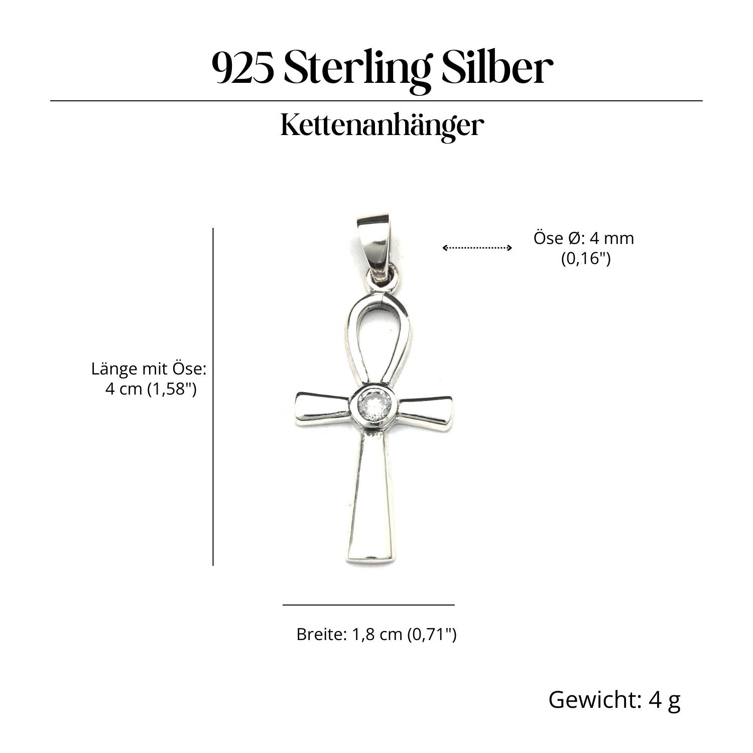 Ankh mit weißem Zirkonia 925 Silber Kettenanhänger