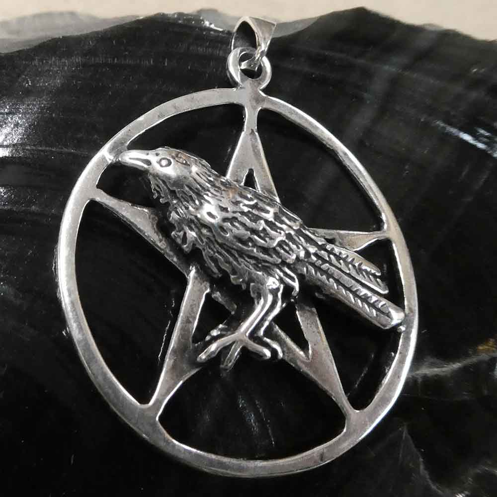 Rabe in einem Hexenstern Hexen Amulett 925 Silber