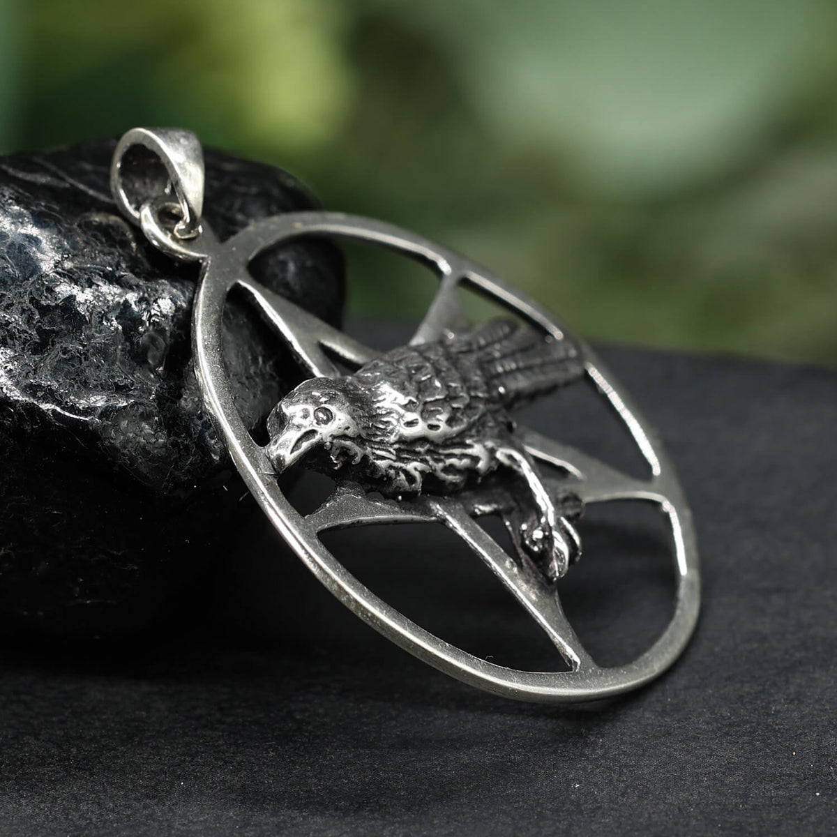 Pentagramm Halskette Silberschmuck Anhänger Rabe