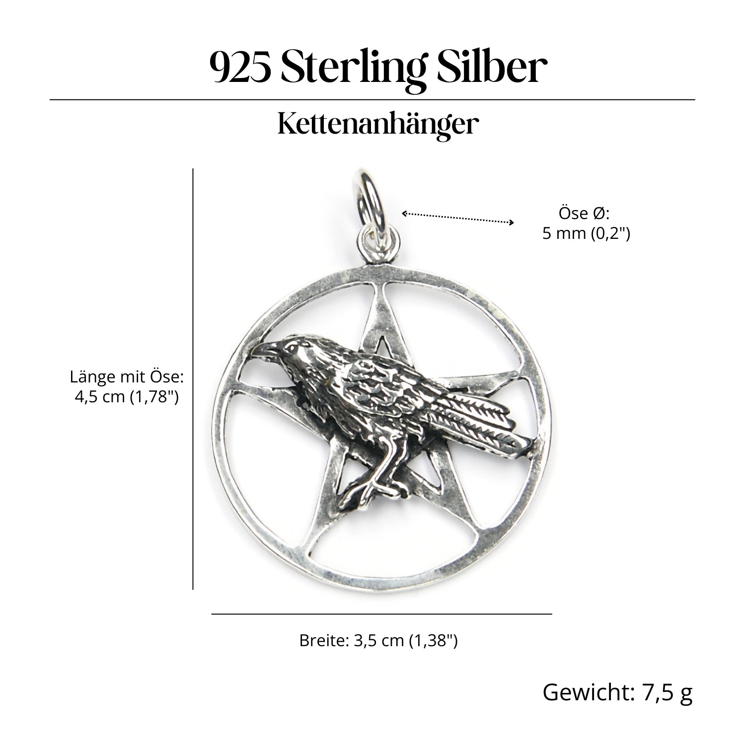 Rabe im Pentagramm Amulett 925er Silber edler Anhänger Silberschmuck