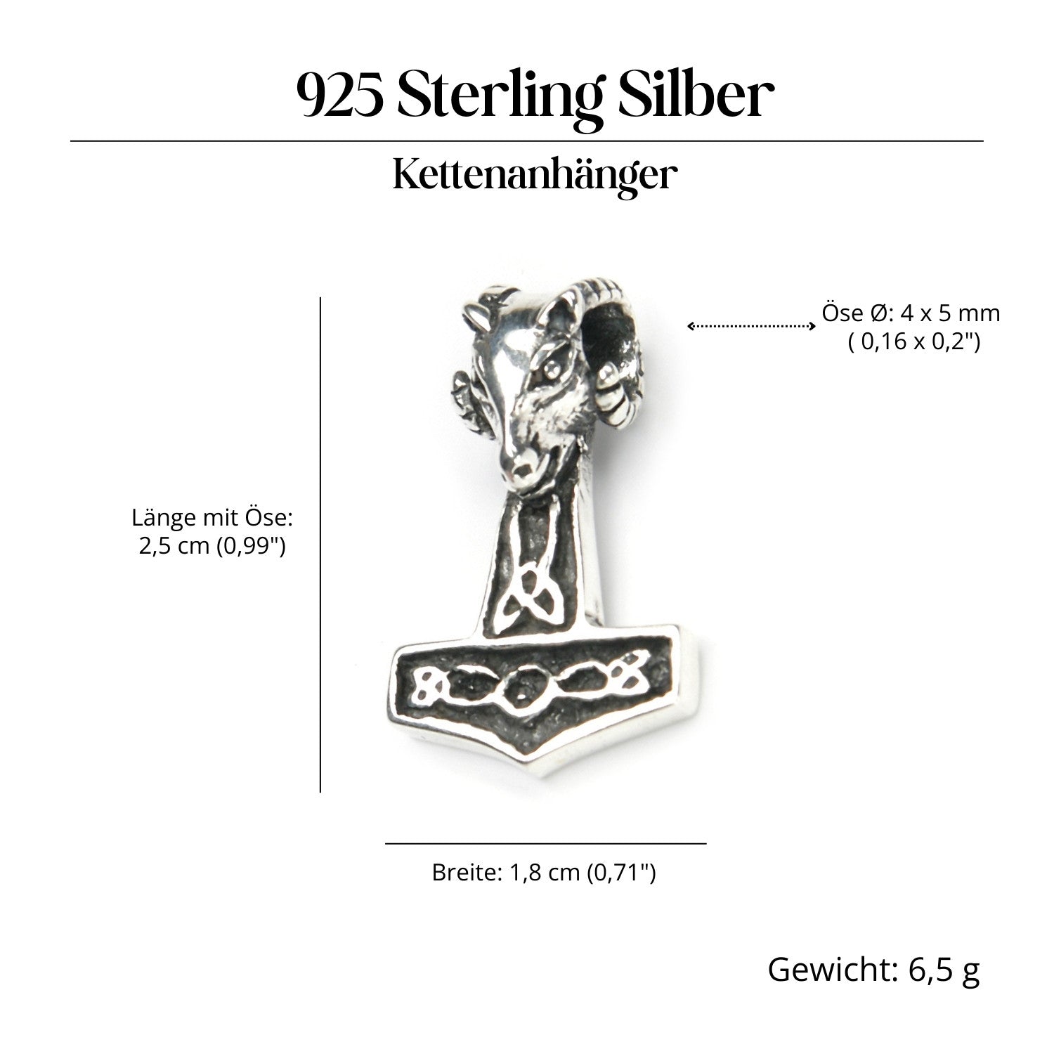 Thor's Hammer Jewelry Ram's Head Silver Pendant 925 Silver