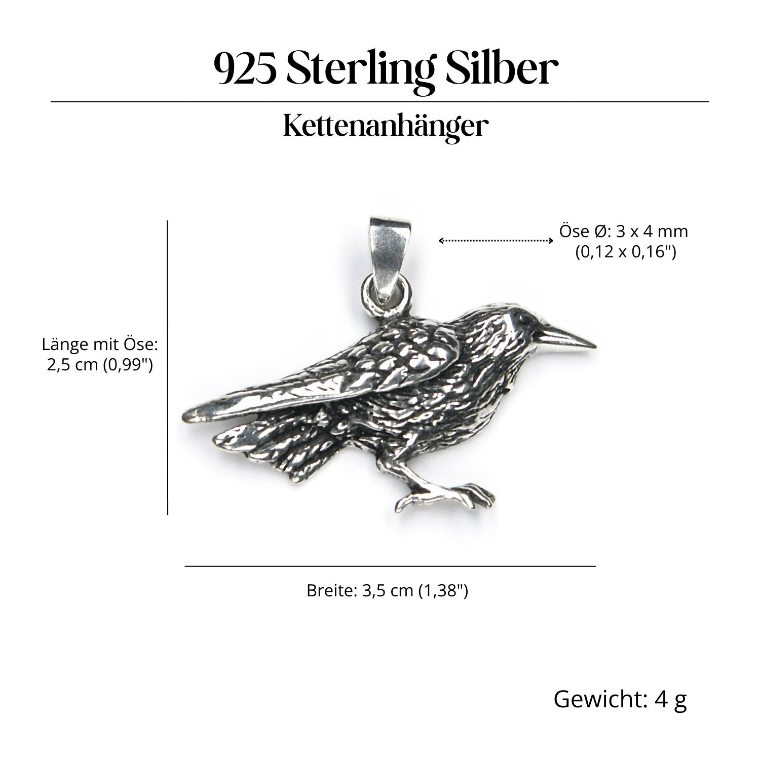 Raven jewelry pendant made of 925 silver