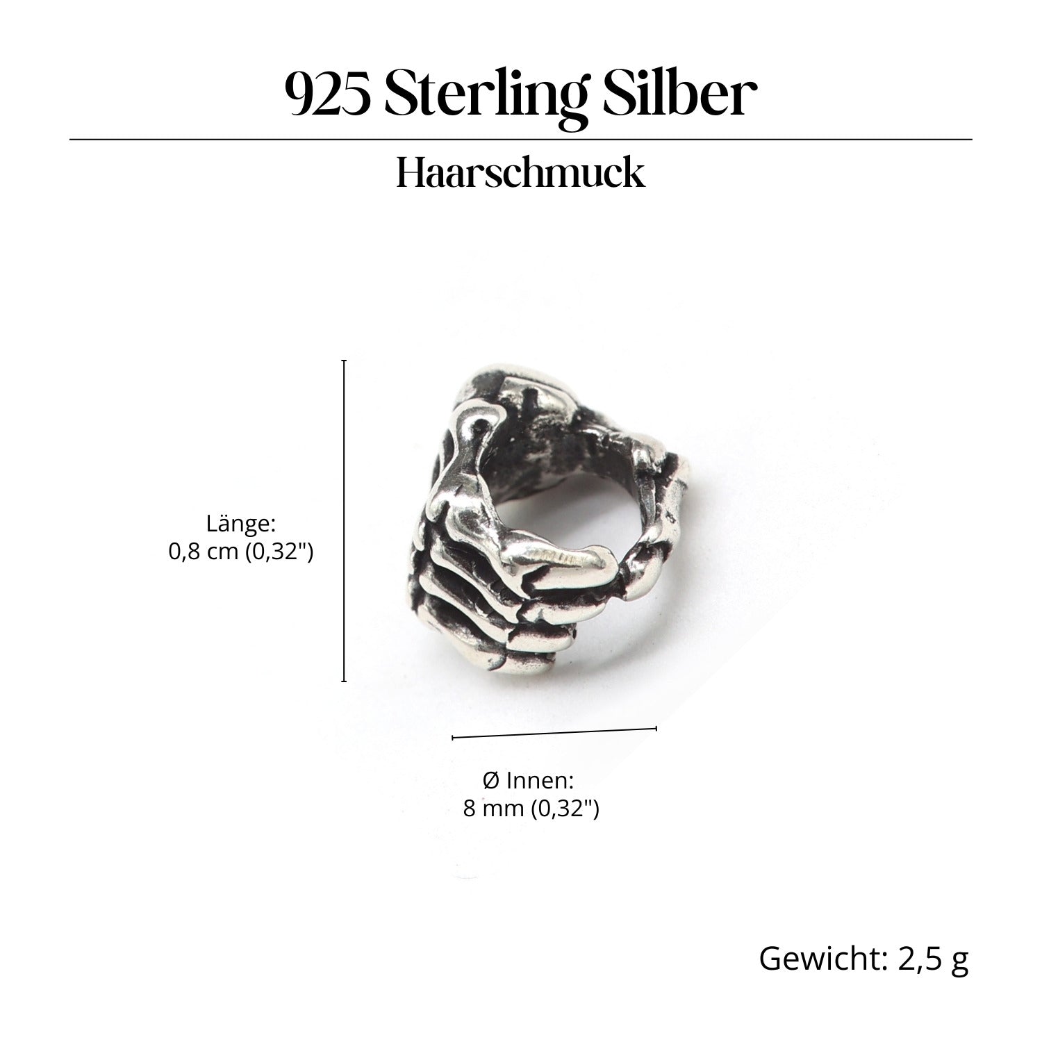 Skeletthand  Bartschmuck 925 Silber Haarperle aus Sterlingsilber
